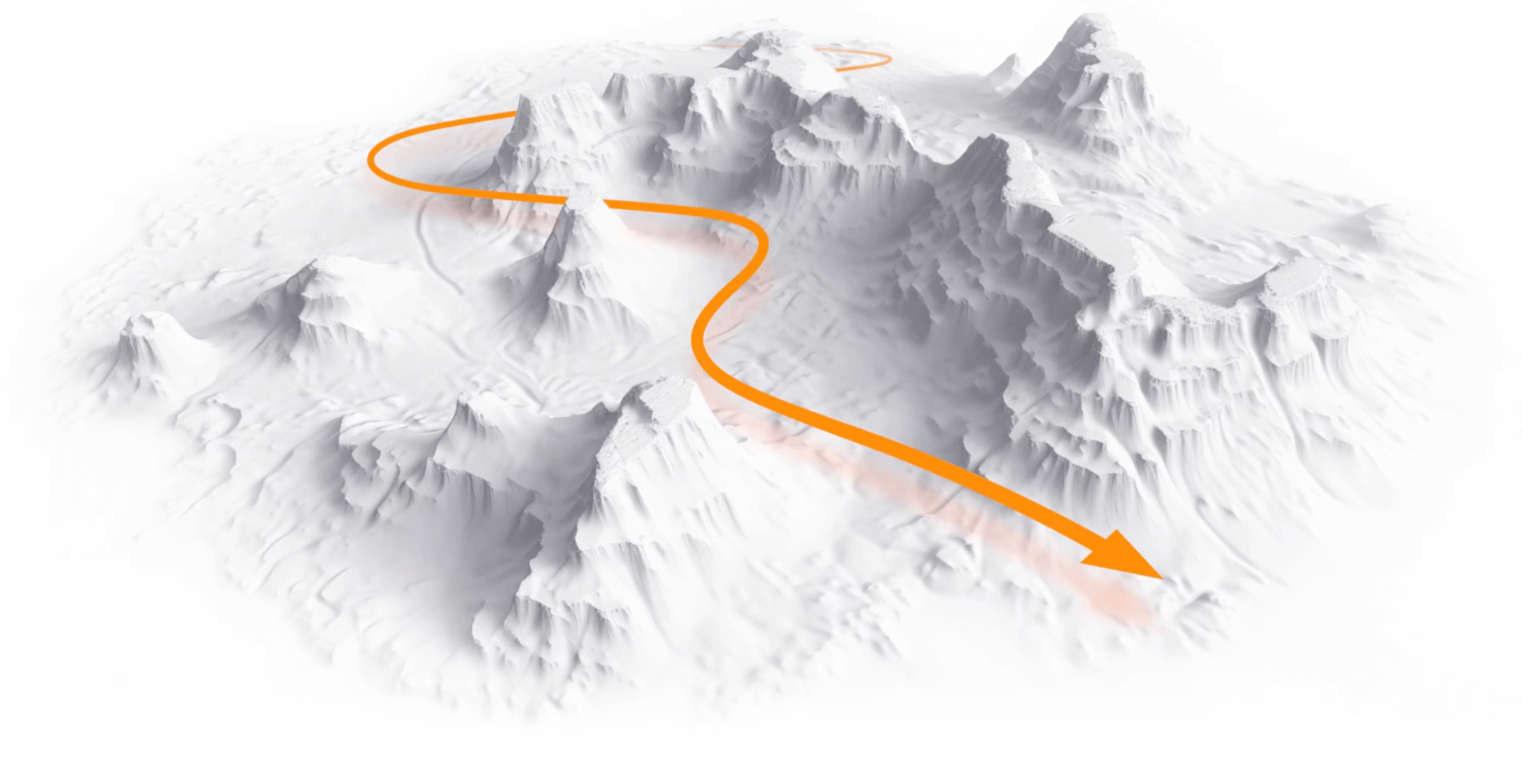 Ilustração topográfica de uma rota demonstrada por uma seta laranja navegando entre montanhas