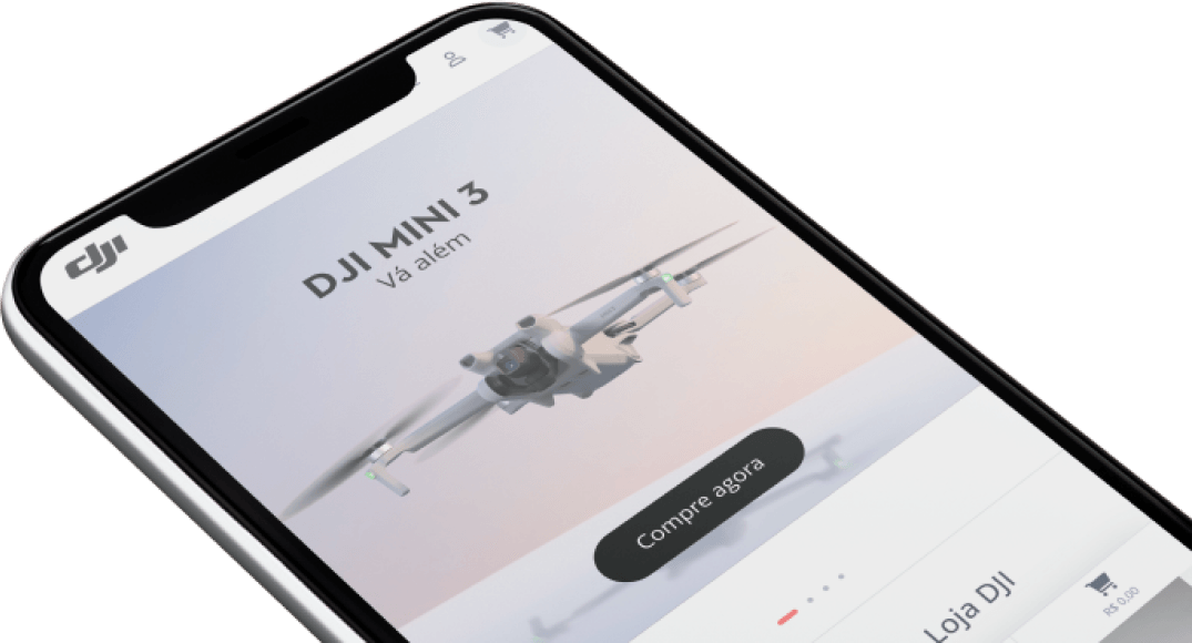 Imagem de um celular, onde está aberto o site oficial da DJI
