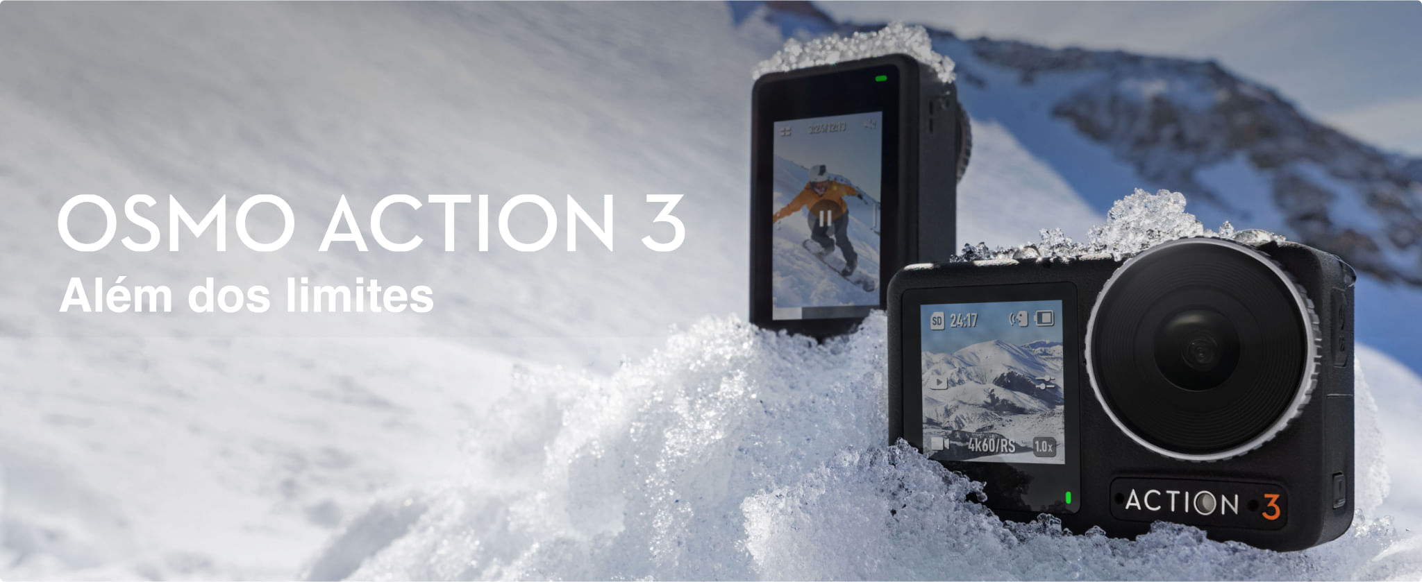 Duas DJI OSMO Action 3 no gelo para apresentação das telas frontal e traseira